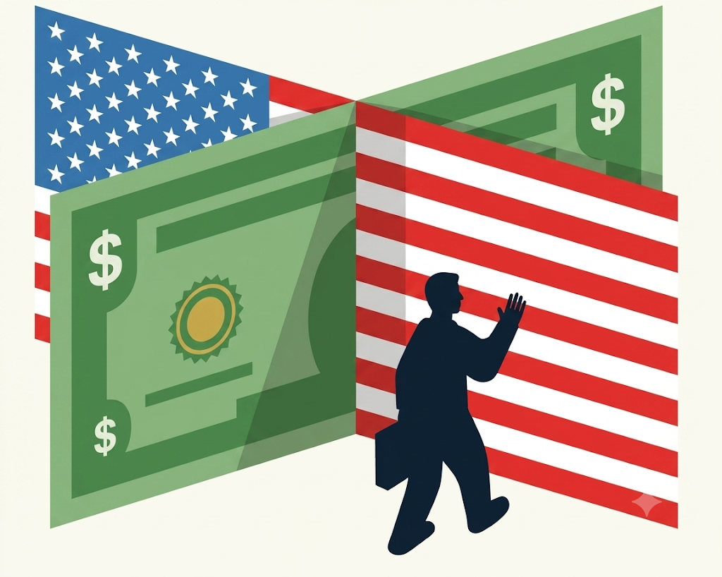 Illustration of American money and political influence behind a walking lobbyist