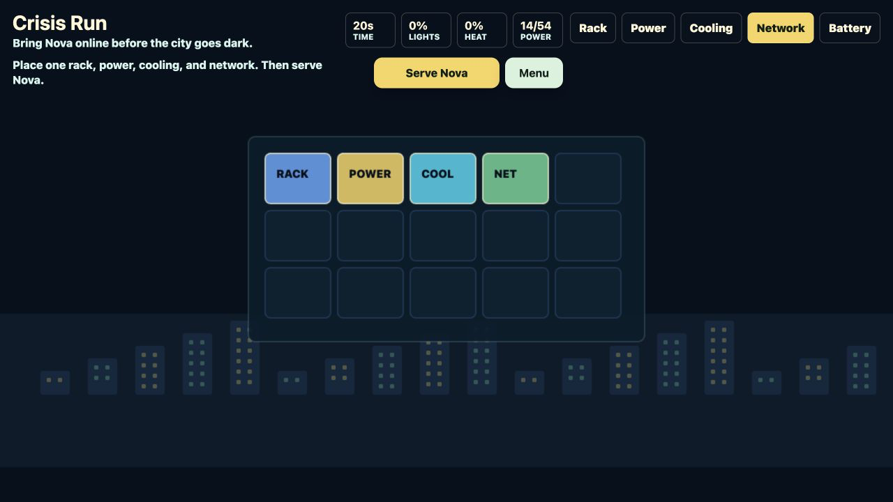 Rock to Rack Crisis Run showing a powered and cooled data-center grid during play